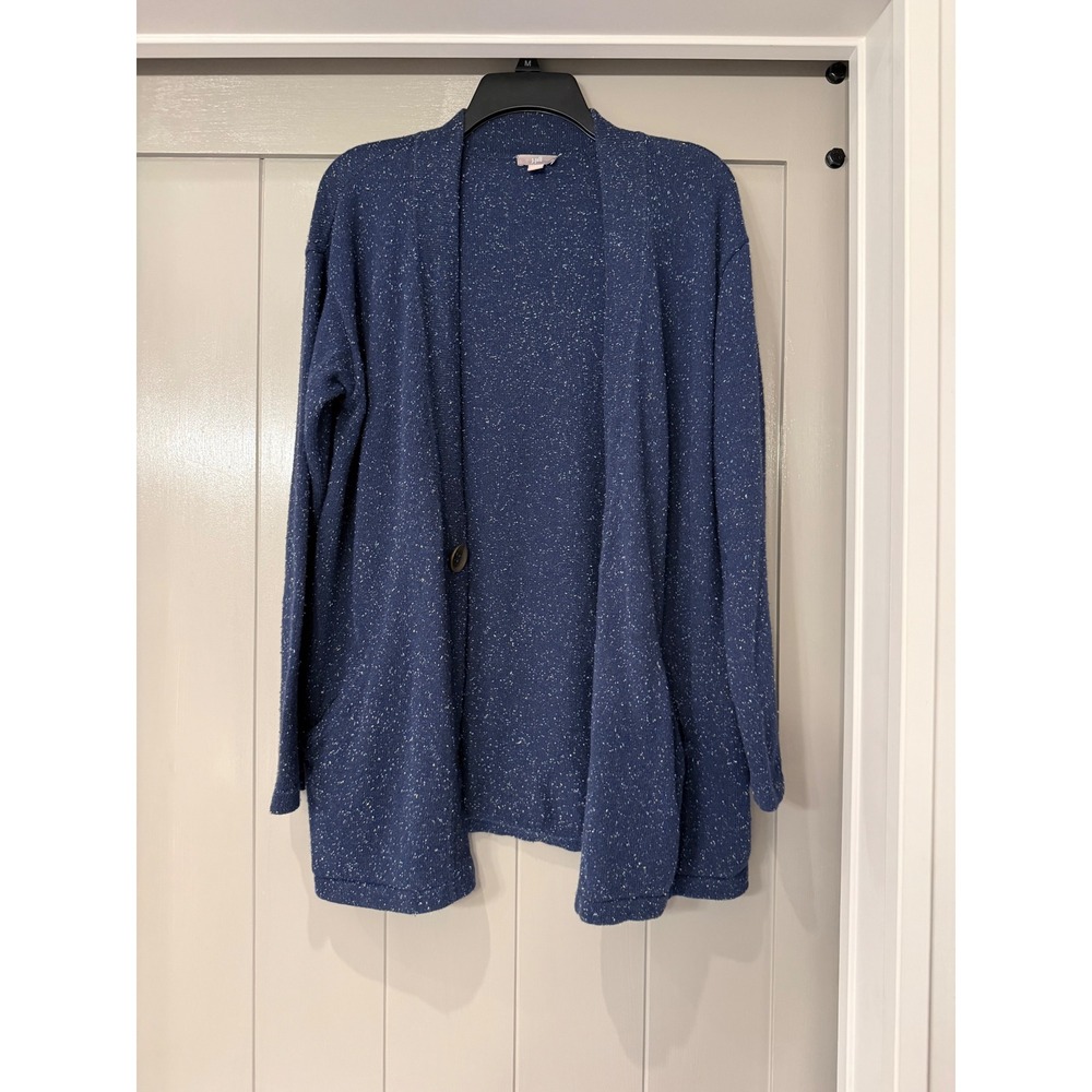 J Jill Women's Blue Open Front Cardigan Sweater Cotton Angora‎ Blend Size Large - Picture 2 of 8